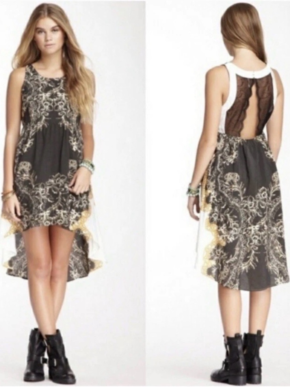 Free People Dress Sz XS High Low Open Lace Back Grunge Y2K Boho Sleeveless EUC